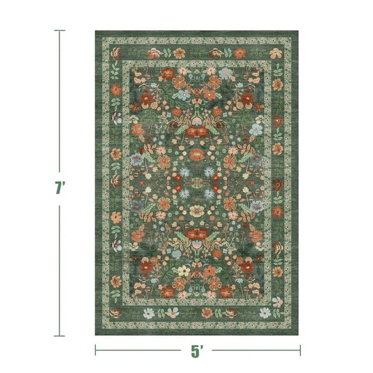 Green Floral Area Rug 5x7 Vintage Boho