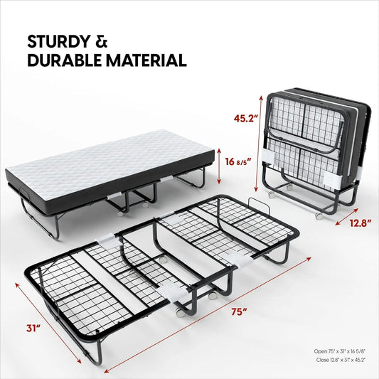 Folding Bed with Mattress - Cot Size Frame - Portable Rollaway Guest Bed with 5-inch Memory Foam Mattress, Customized