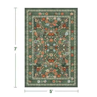 Green Floral Area Rug 5x7 Vintage Boho