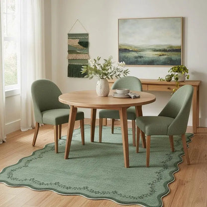 5x7 Scalloped Area Rug Green Washable Rugs for Living Room Bedroom, Soft Low Pile Non Slip Accent Floor Mat Solid Floral Print T