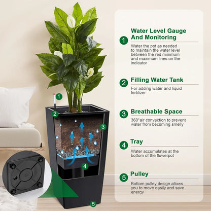 30" Tall Planter Set of 2, Indoor/Outdoor Plant Pots with Drainage Holes, Water Level Monitor & Inner Bucket, Automatic Watering