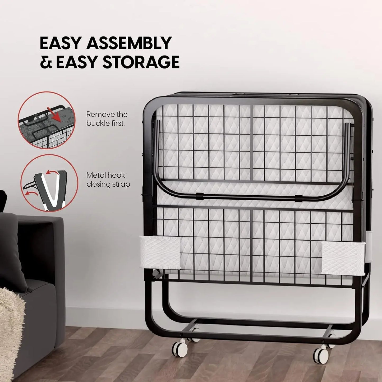 Folding Bed with Mattress -  Cot Size Frame - Portable Rollaway Guest Bed with 5-inch Memory Foam Mattress, Customized