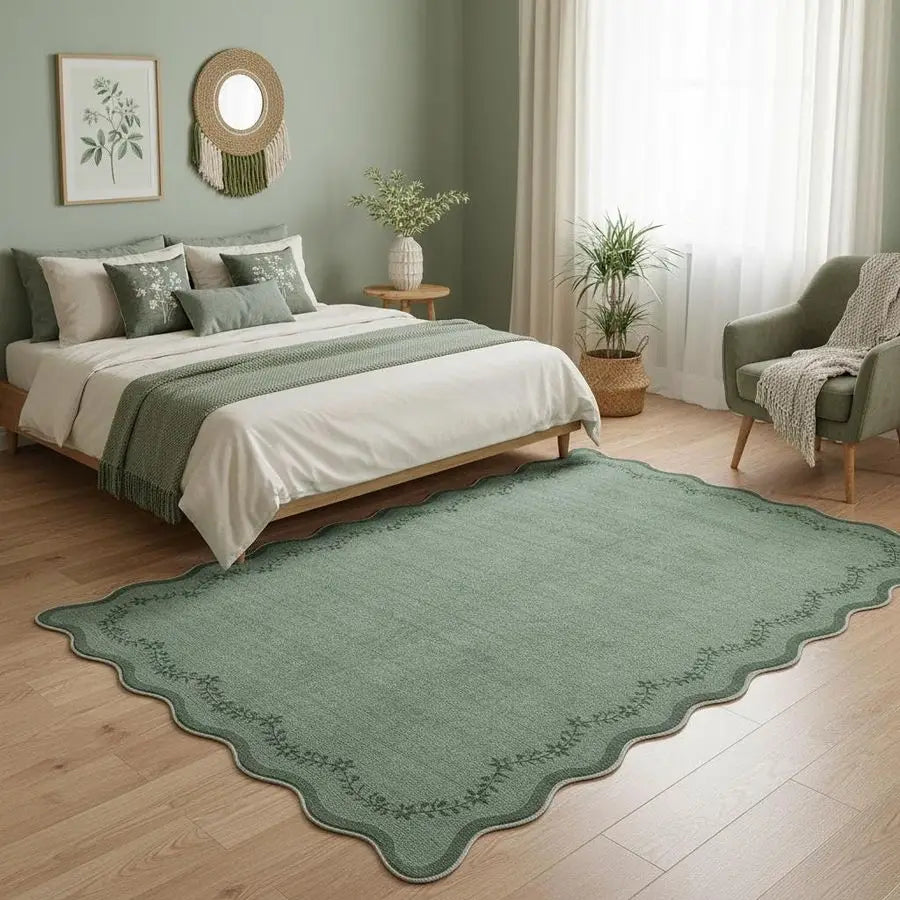 5x7 Scalloped Area Rug Green Washable Rugs for Living Room Bedroom, Soft Low Pile Non Slip Accent Floor Mat Solid Floral Print T