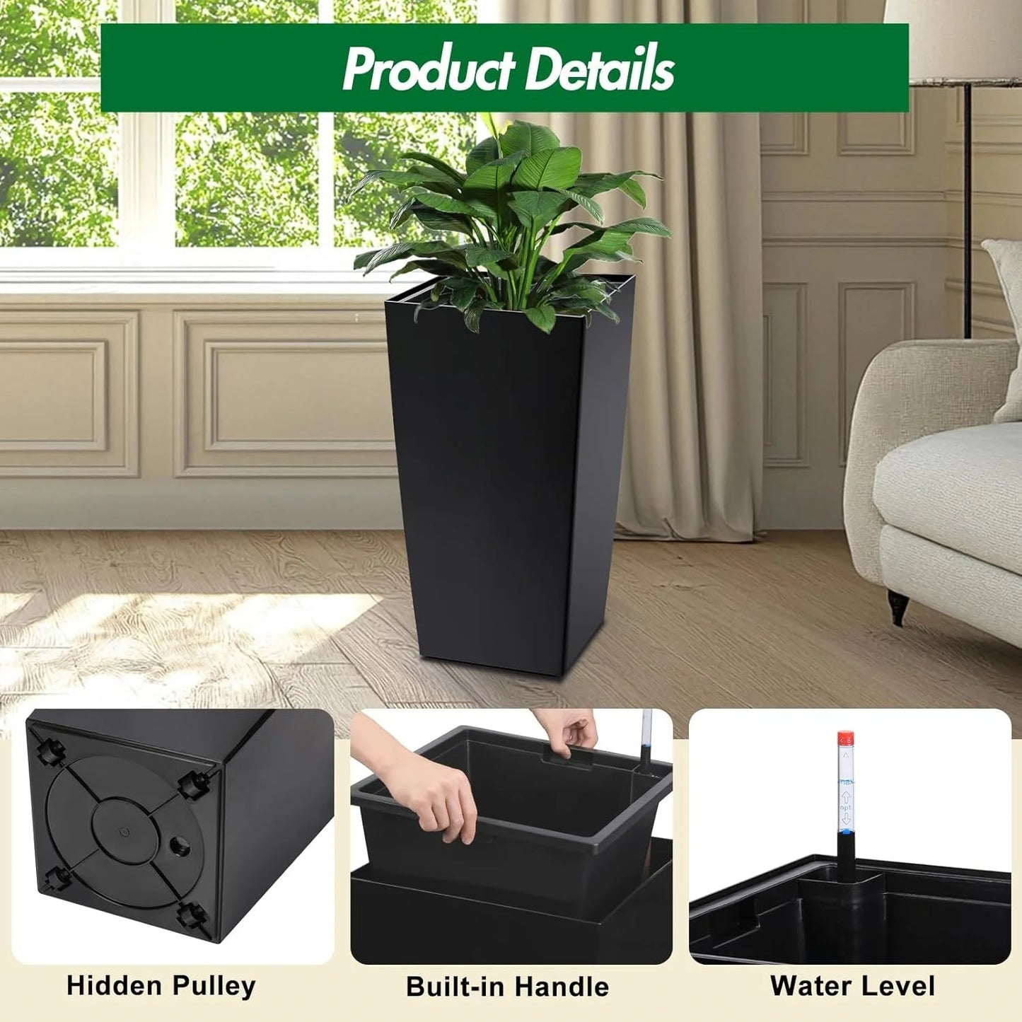 30" Tall Planter Set of 2, Indoor/Outdoor Plant Pots with Drainage Holes, Water Level Monitor & Inner Bucket, Automatic Watering