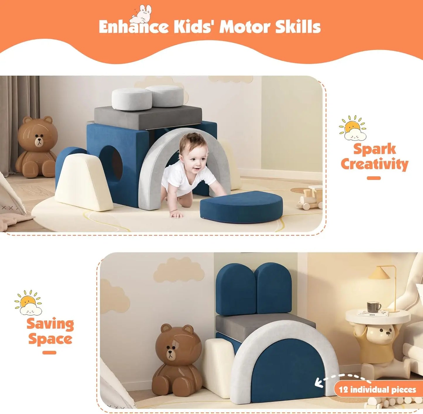 12 PCS Modular Play Block Couch Child Sectional Soft Sofa Toddler Building Fortplay ClimBedroom Playroom Baby