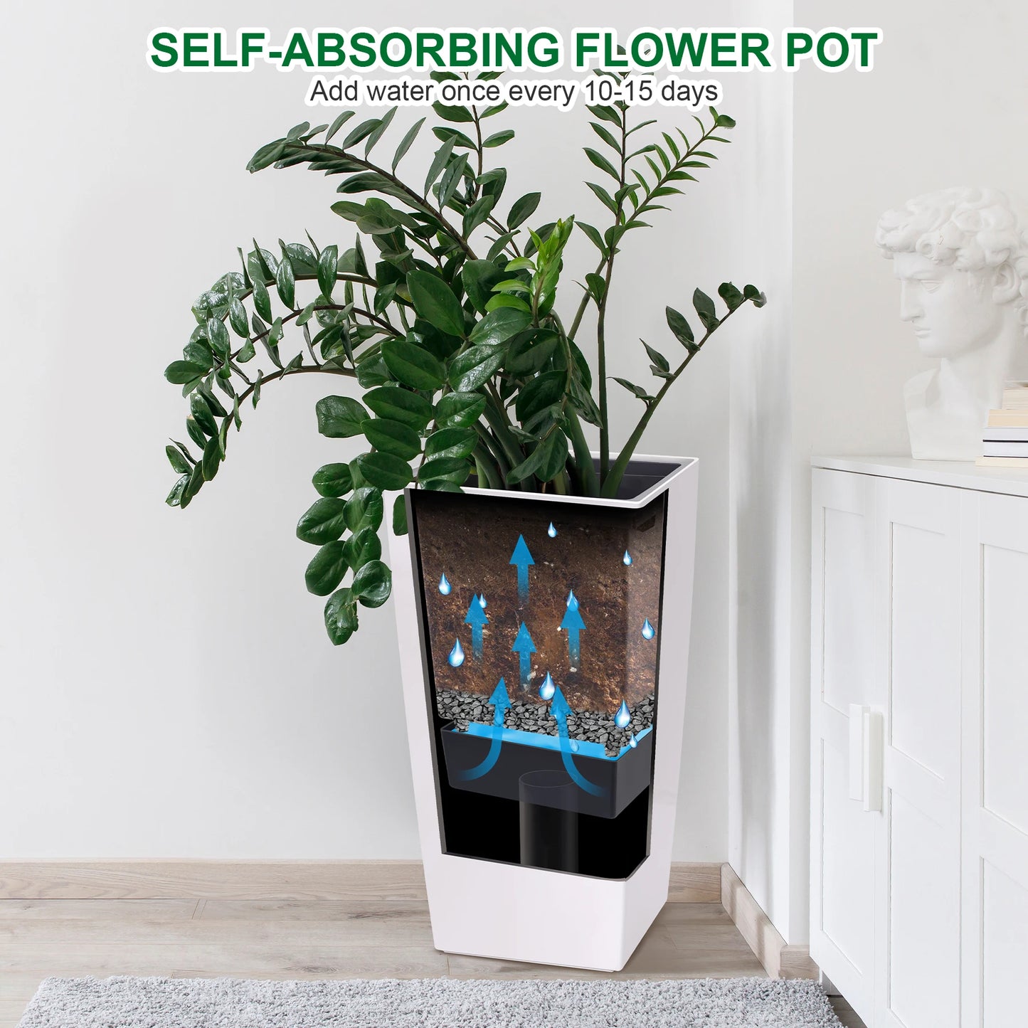 30" Tall Planter Set of 2, Indoor/Outdoor Plant Pots with Drainage Holes, Water Level Monitor & Inner Bucket, Automatic Watering