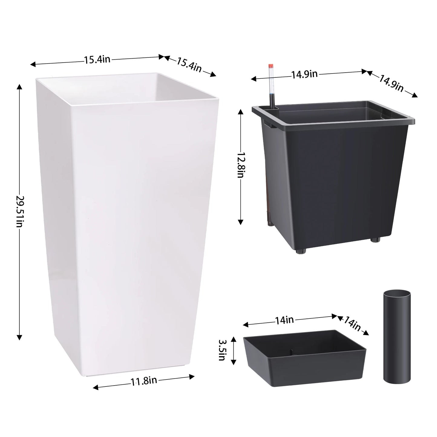 30" Tall Planter Set of 2, Indoor/Outdoor Plant Pots with Drainage Holes, Water Level Monitor & Inner Bucket, Automatic Watering