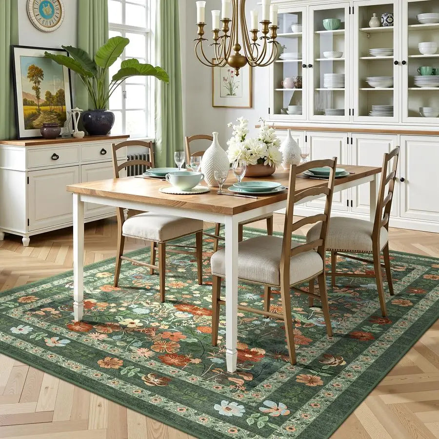 Green Floral Area Rug 5x7 Vintage Boho