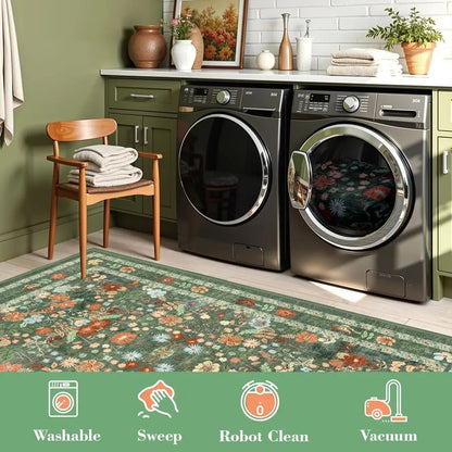 Green Floral Area Rug 5x7 Vintage Boho