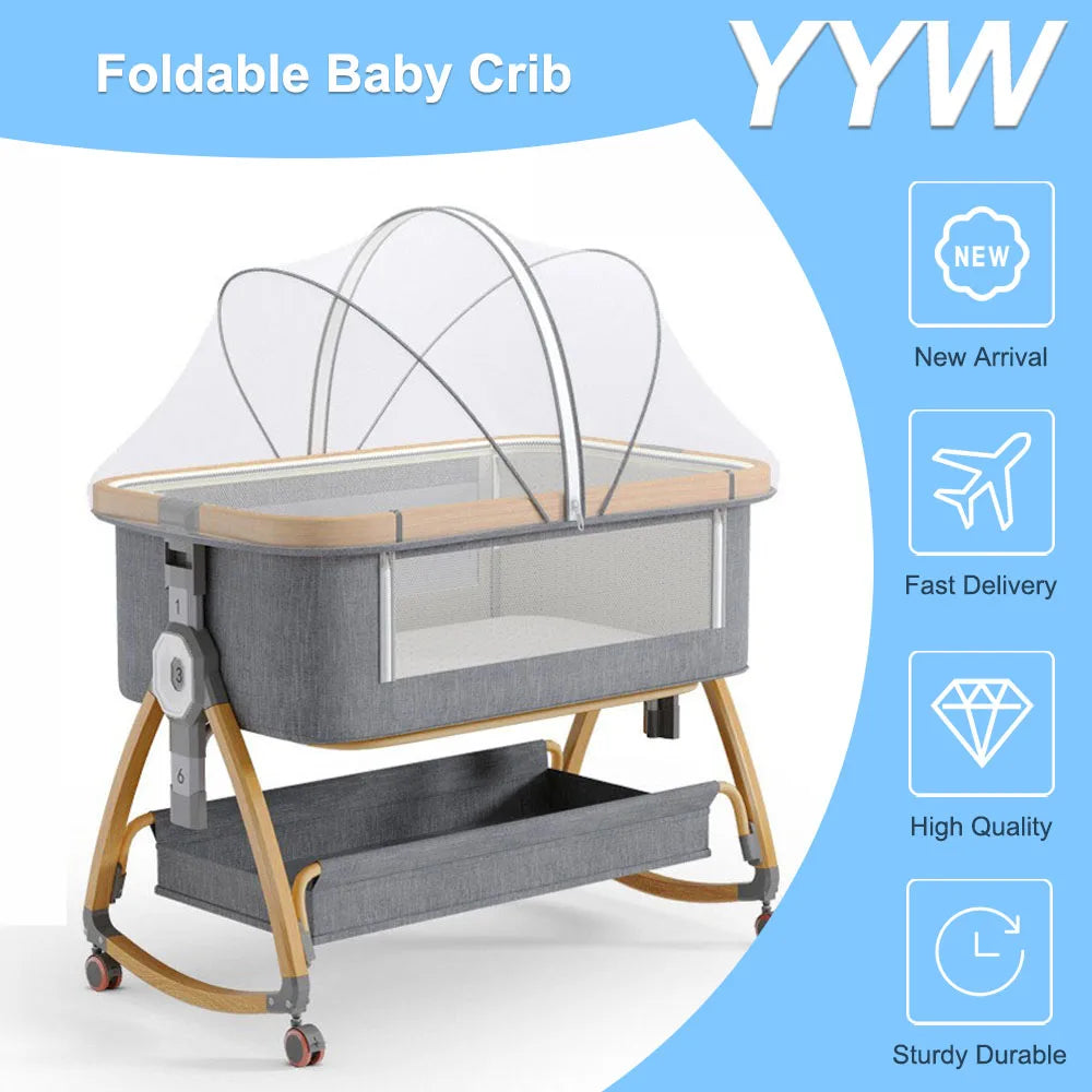 Foldable Baby Crib With Rollers Movable With Diapers Toys Storage Tray Baby Sleep Comfort Bed