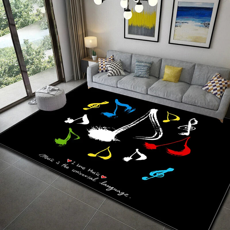 Black Music Note Area Rug Vintage  Throw Rugs