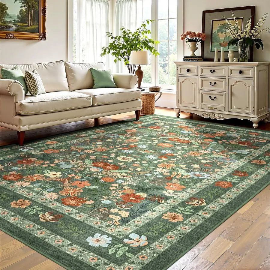 Green Floral Area Rug 5x7 Vintage Boho