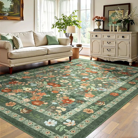 Green Floral Area Rug 5x7 Vintage Boho