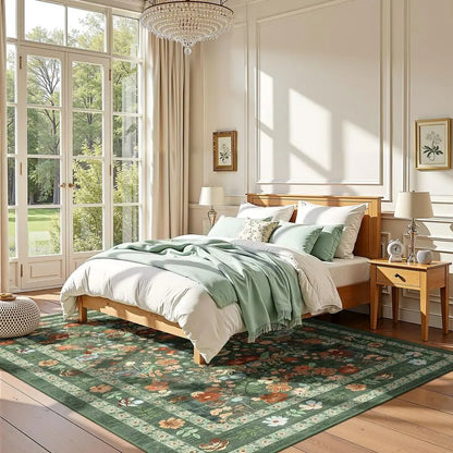 Green Floral Area Rug 5x7 Vintage Boho