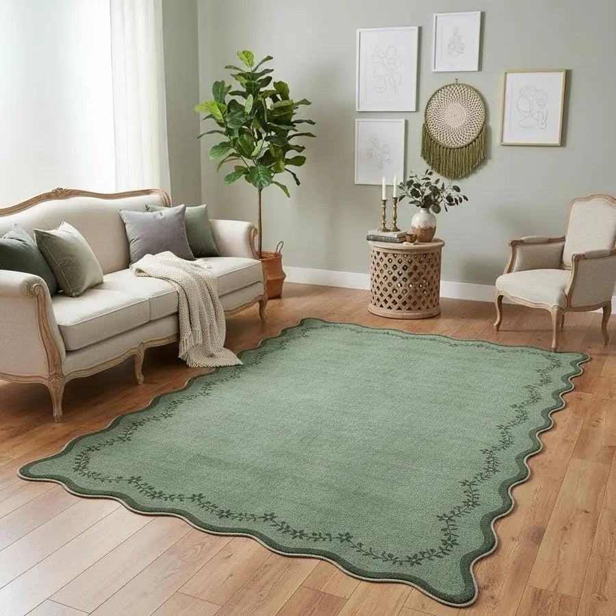 5x7 Scalloped Area Rug Green Washable Rugs for Living Room Bedroom, Soft Low Pile Non Slip Accent Floor Mat Solid Floral Print T