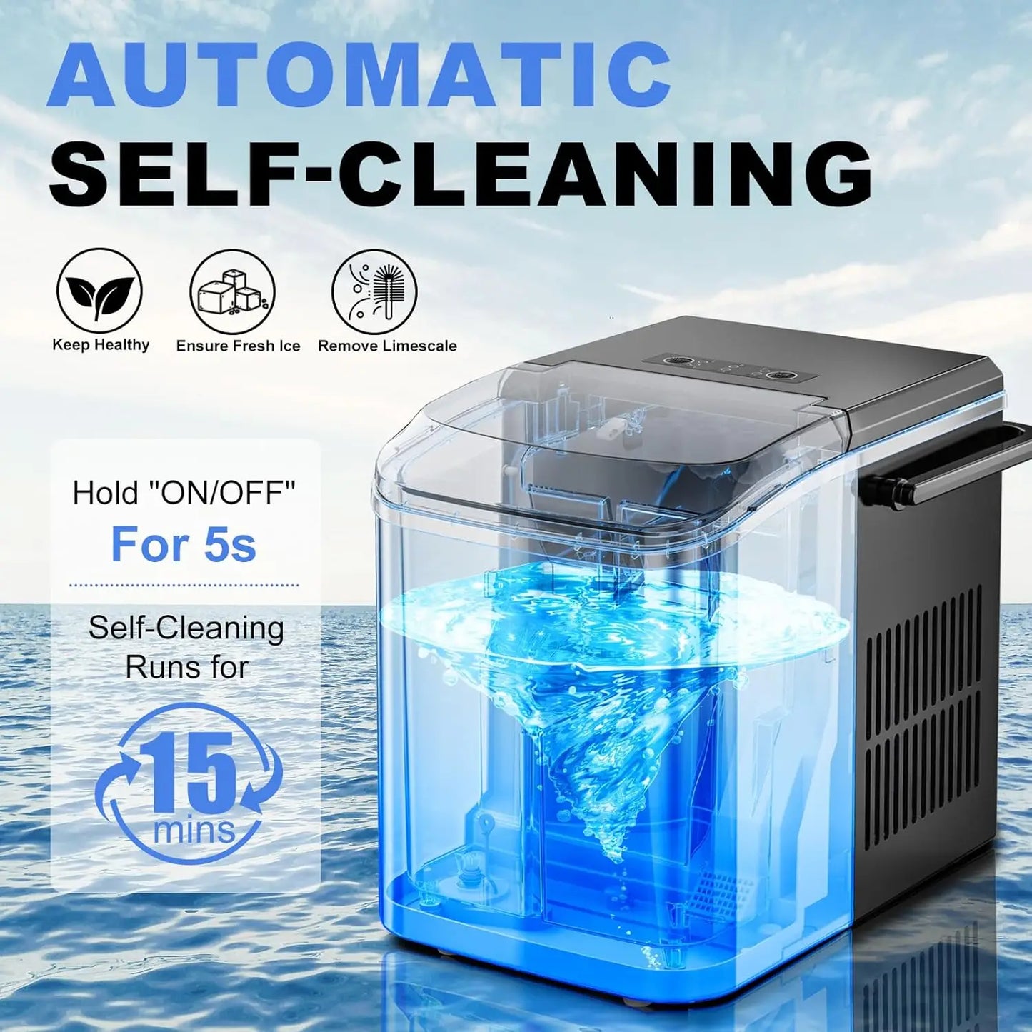 Portable Ice Maker Machine, 9 Cubes in 6 Mins, 26lbs Daily, Auto-Clean with Basket & Scoop for Home Kitchen RV Camping Black