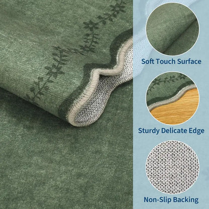 5x7 Scalloped Area Rug Green Washable Rugs for Living Room Bedroom, Soft Low Pile Non Slip Accent Floor Mat Solid Floral Print T