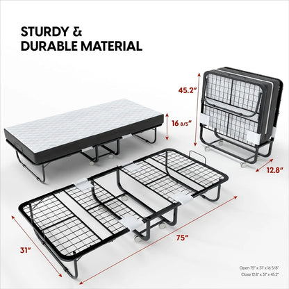 Folding Bed with Mattress -  Cot Size Frame - Portable Rollaway Guest Bed with 5-inch Memory Foam Mattress, Customized