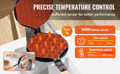 Non-Stick Stainless Steel Bubble Puff Waffle Maker